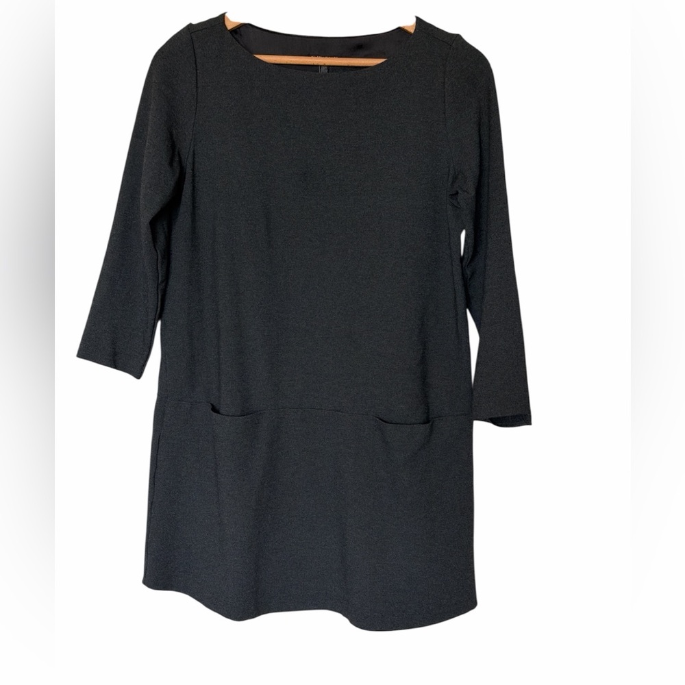Eileen Fisher Gray Long Sleeve Crew Neck Dress Pockets Minimal Boxy Medium